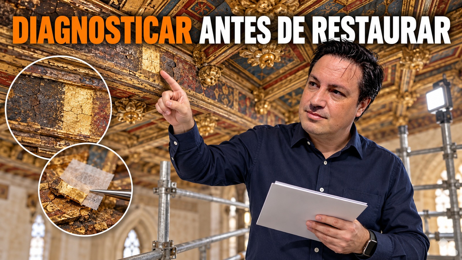 Técnico inspeccionando un artesonado histórico antes de su restauración